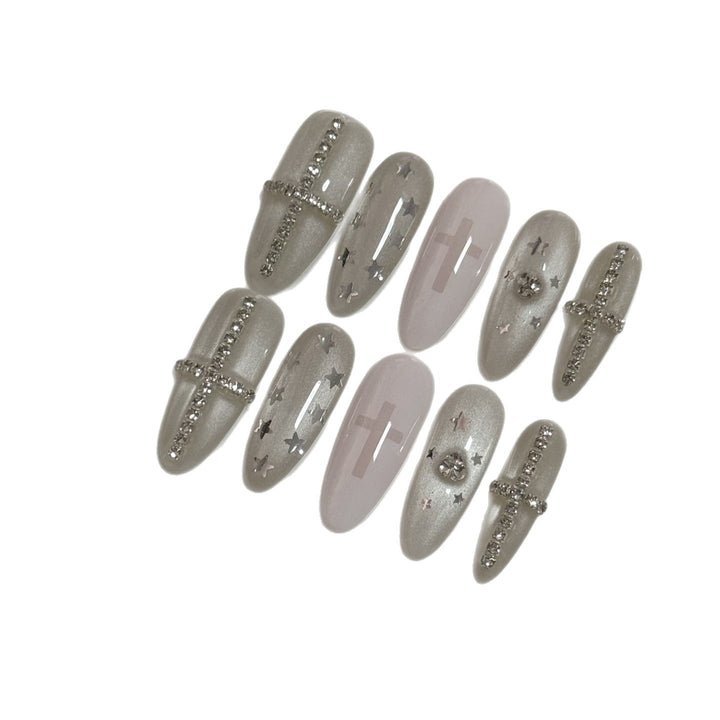 Decorative Press-On Nail Art Set with Glamorous Star and Cross Designs