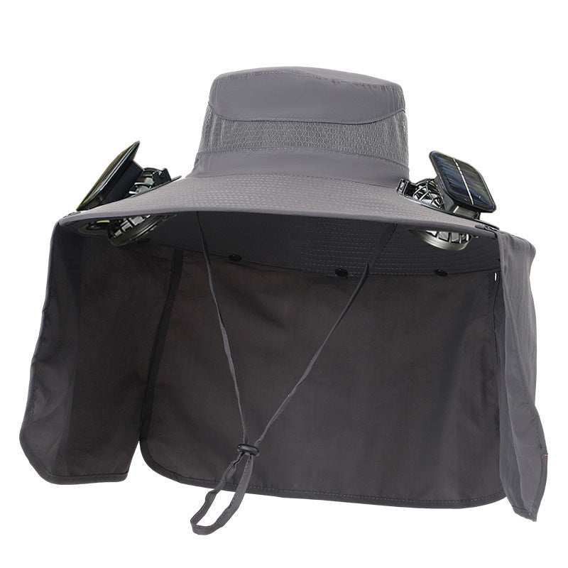 Sun hat with neck protection and integrated solar-powered dual fans Stornfield