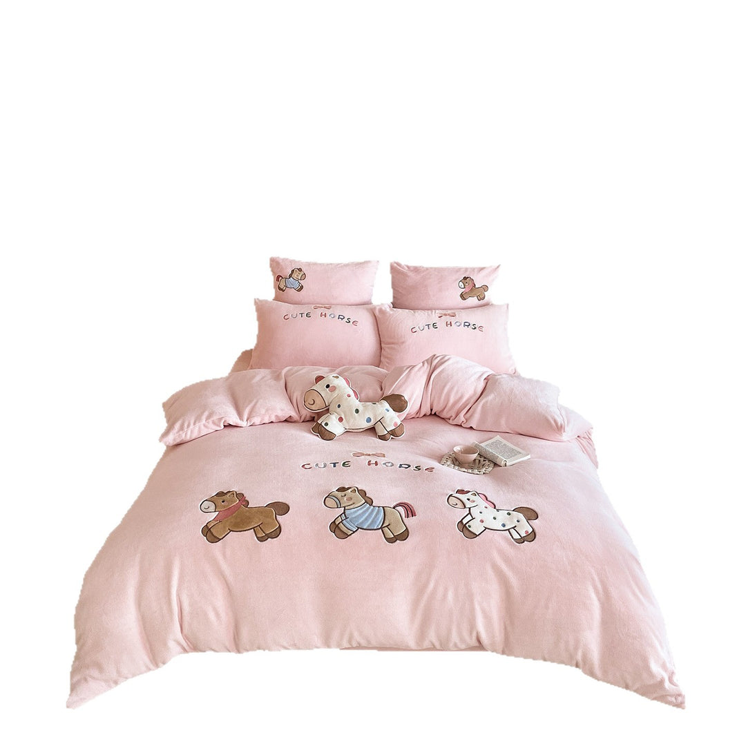Children's Plush Horse Embroidered Duvet Cover Bedding Set
