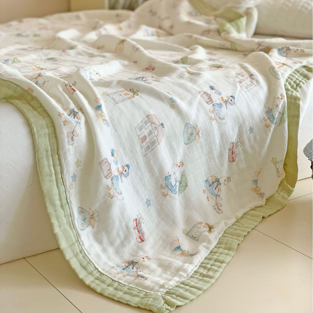 Muslin Cotton Blanket with Whimsical Animal Print and Quilted Border