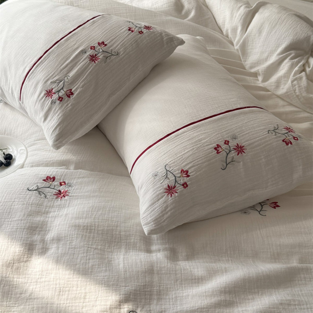 Embroidered Cotton Gauze Duvet Cover Set with Floral Motif and Envelope Pillow Shams