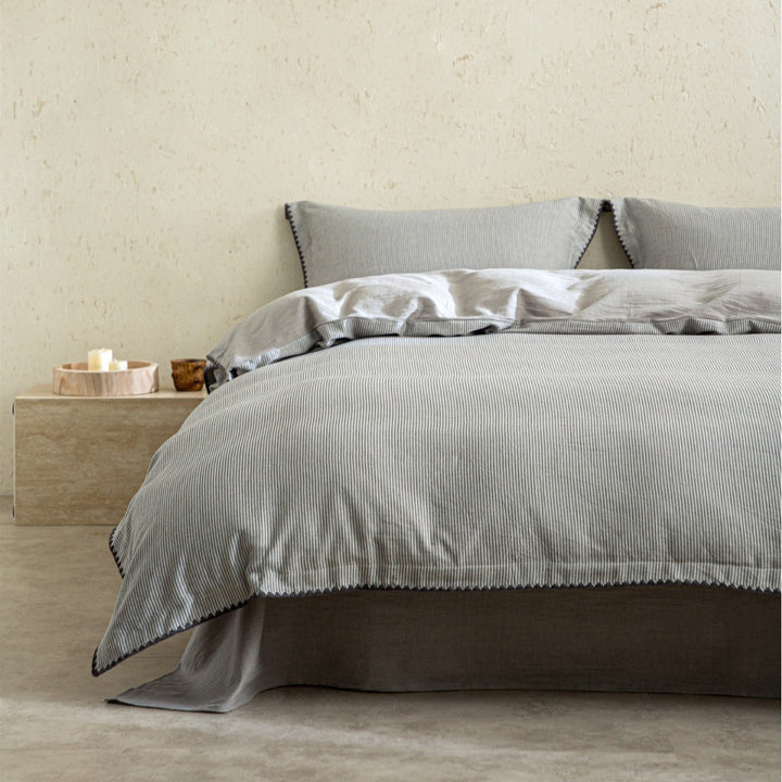Stonewashed Linen-Blend Textured Stripe Duvet Cover Set with Reversible Corduroy Finish