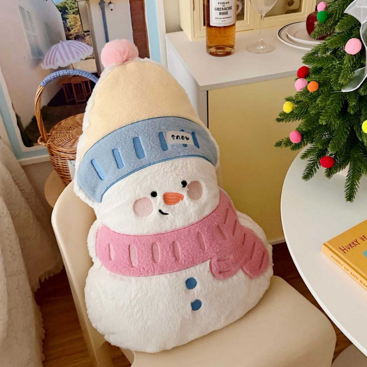 Plush Semi-Circle Decorative Throw Pillow with Snowman Appliqué and Pom-Pom Hat