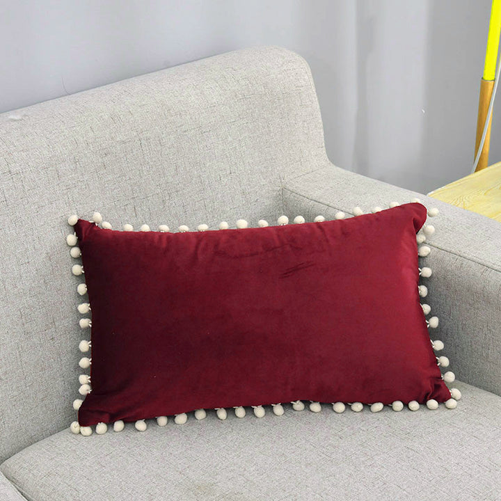 Rectangular Pom-Pom Trim Lumbar Pillow Cover Cotton-Linen Blend with Hidden Zipper