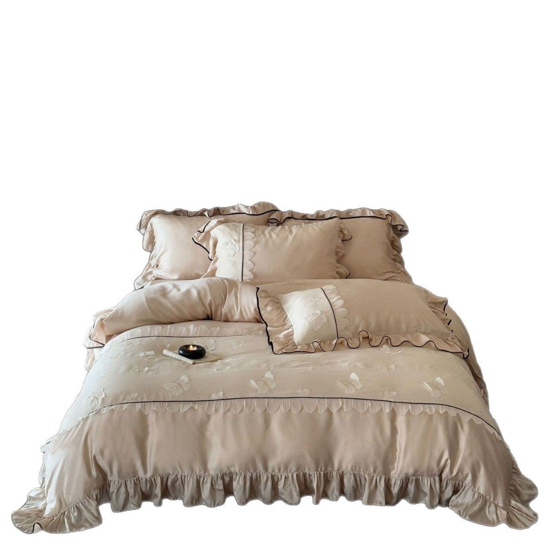 Luxurious Ruffled Bedding Set with Embroidered Butterflies