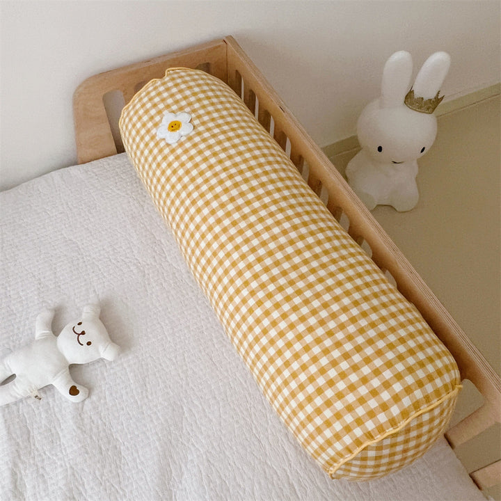 Gingham Bolster Nursery Pillow with Embroidered Daisy Appliqué Cotton Cover
