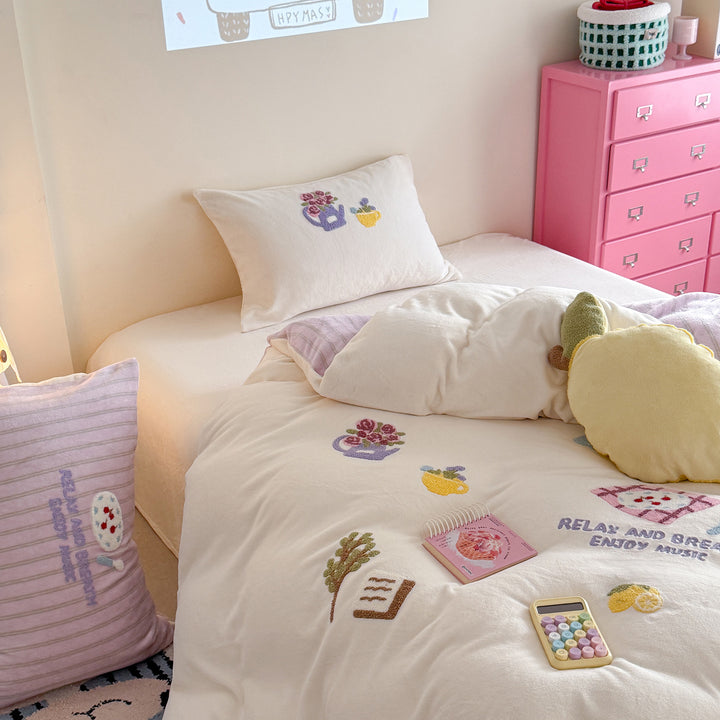 Embroidered Plush Quilted Duvet-Style Comforter with Reversible Striped Backing