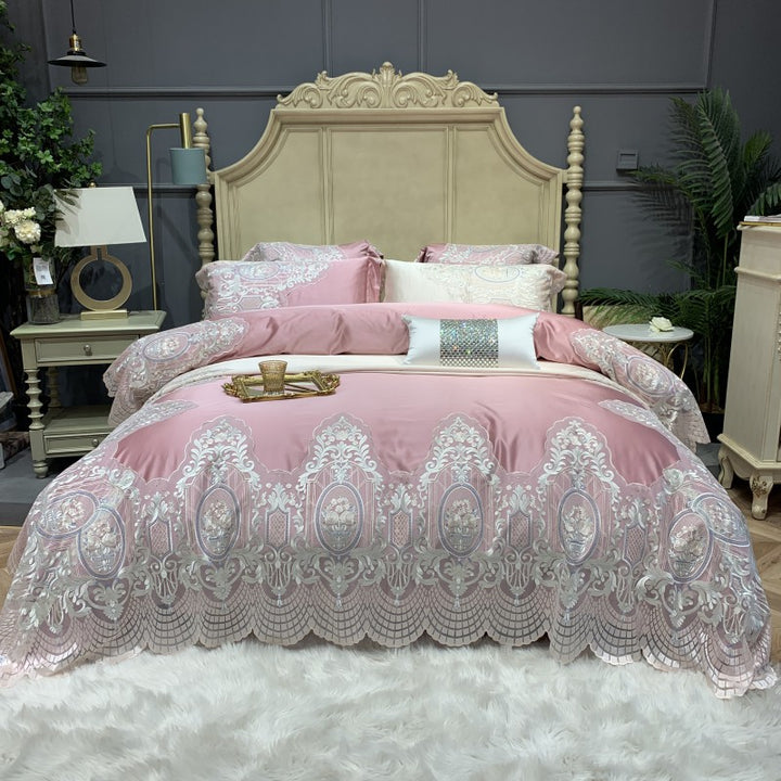 Luxury Embroidered Lace-Trim Duvet Cover Set with Decorative Pillow Shams