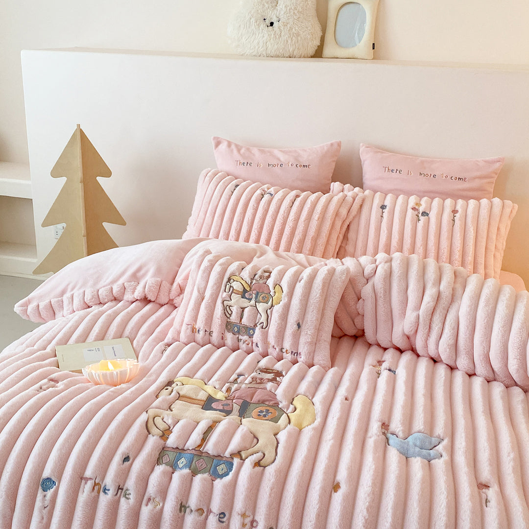 Children's Plush Ribbed Duvet Cover & Pillow Sham Set with Embroidered Carousel Motif
