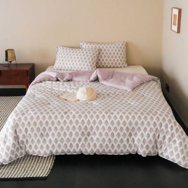 Floral Printed Cotton Duvet Cover Bedding Set with Reversible Lined Comforter Panel and Envelope Pillowcases