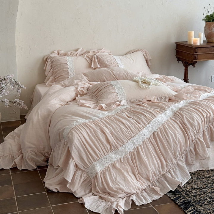 Washed Linen-Blend Gathered Duvet Cover Set with Floral Lace Band