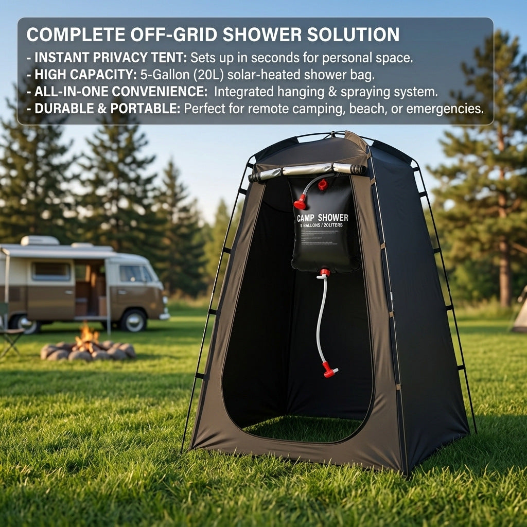 Portable camping shower privacy tent with five gallon solar shower bag and pop up foldable pole system Stornfield