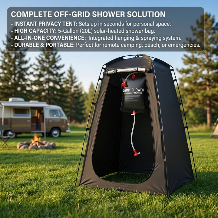Portable camping shower privacy tent with five gallon solar shower bag and pop up foldable pole system Stornfield