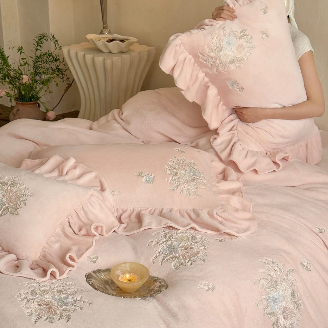 Embroidered Ruffled Floral Duvet Cover Set