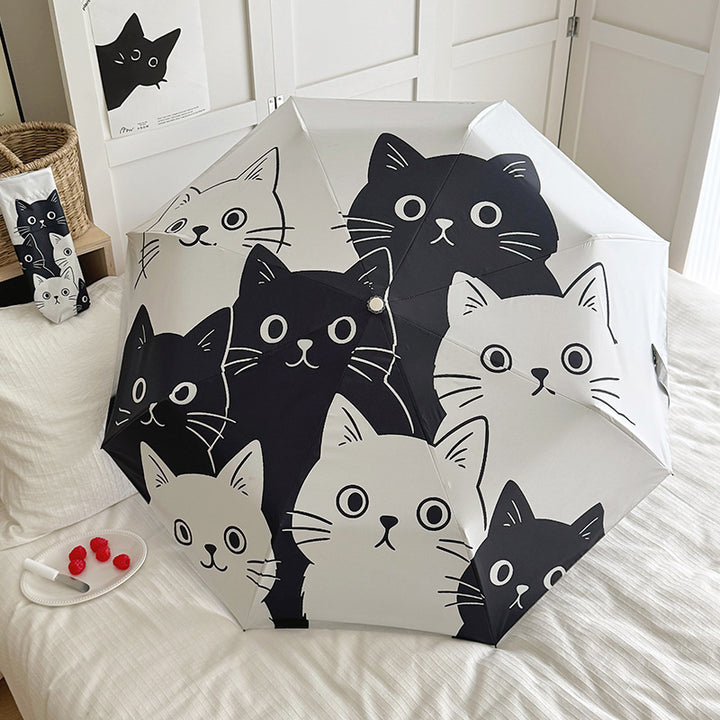 Women Folding Umbrella with Playful Cat Pattern Stornfield