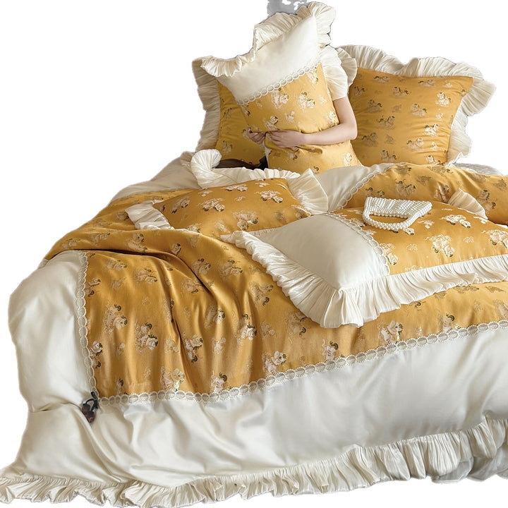 Ruffled Satin-Trim Quilted Duvet Cover Set with Lace Insets