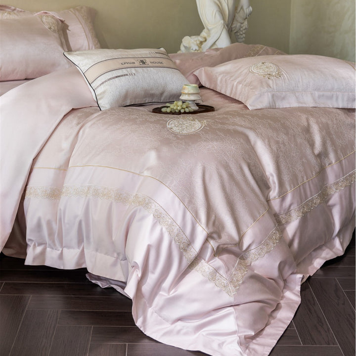 Luxury Embroidered Jacquard Sateen Duvet Cover Set with Lace Medallion Accents