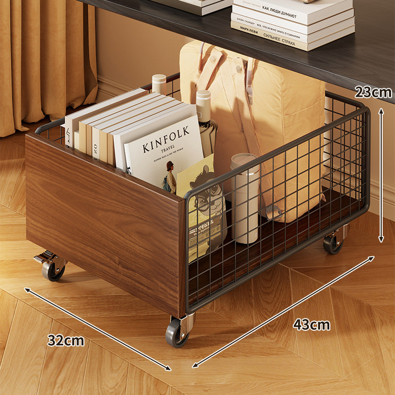 Mobile Wire Mesh Storage Crate with Walnut-Style Wooden Side and Locking Swivel Wheels