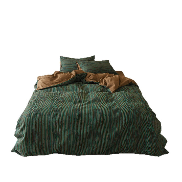 Reversible cotton satin bedding set with fine striped texture and velvet effect