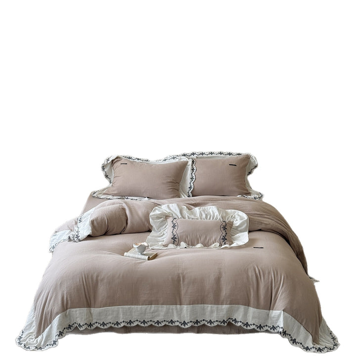 Embroidered Ruffled Linen-Cotton Duvet Cover Set with Scalloped Trim and Matching Pillow Shams
