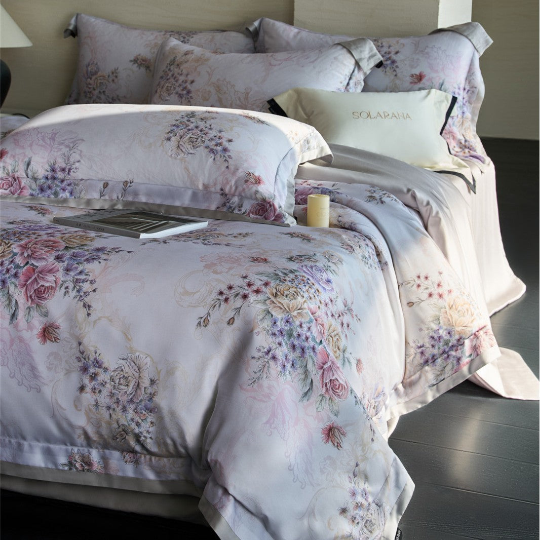 Floral Satin-Effect Cotton Sateen Duvet Cover Set with Decorative Pillow Shams