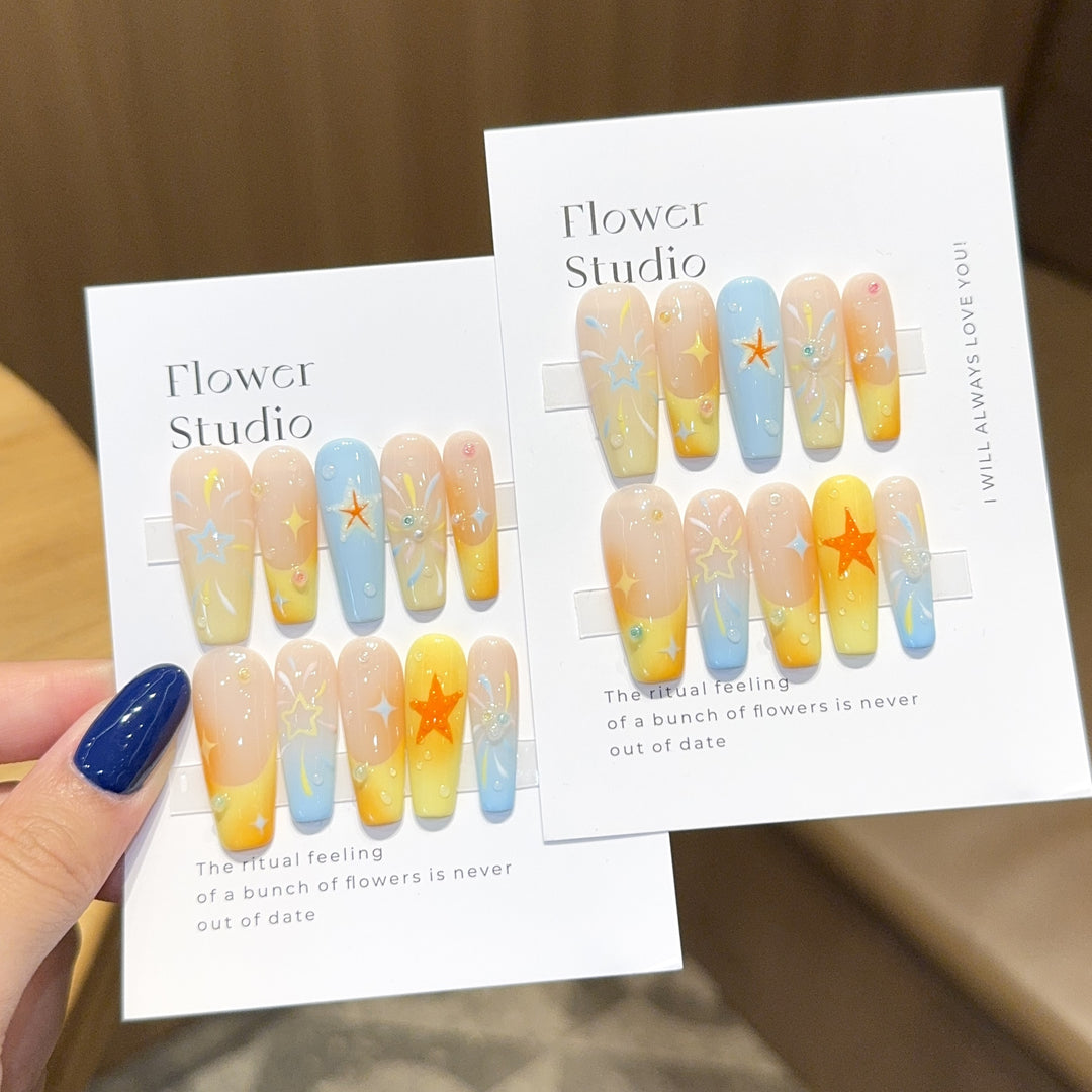 Artificial Nails Set with Colorful Stars and Floral Design Stornfield