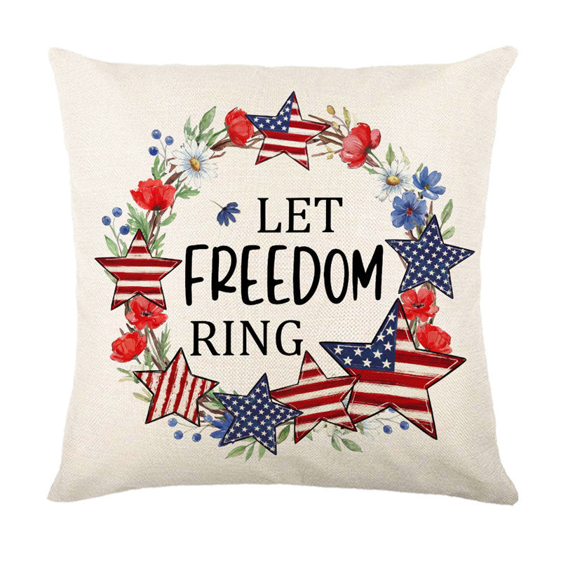 Patriotic Decorative Throw Pillow Cover with American Flag Stars and Floral Banner