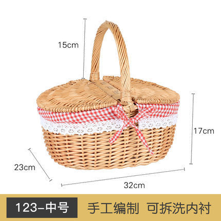 Women's braided basket with checkered fabric insert and decorative lace embellishment Stornfield