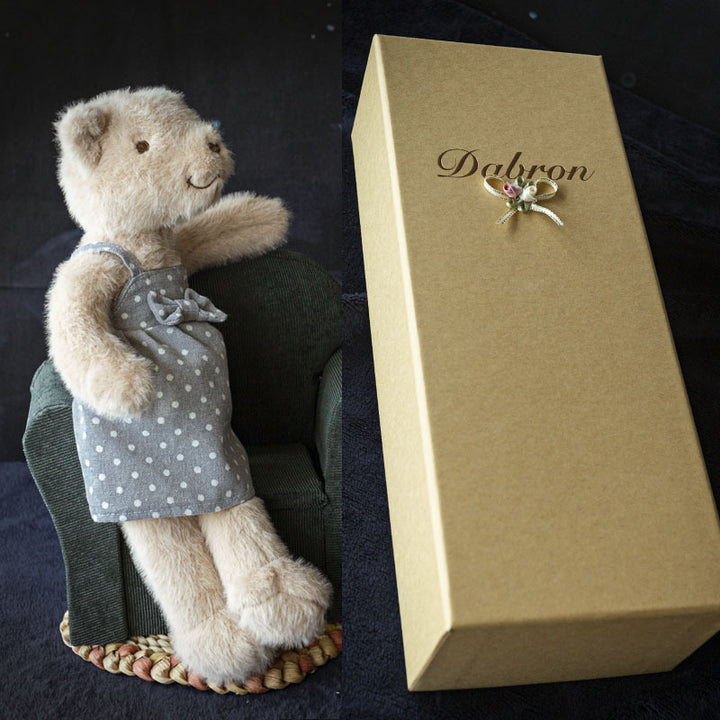 Handcrafted Luxury Plush Teddy Bear with Polka Dot Linen Dress
