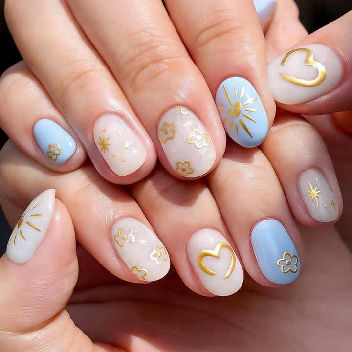 Artificial nail set with floral and geometric designs Stornfield