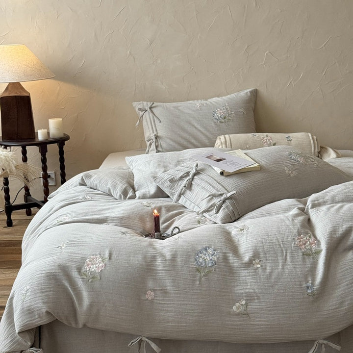 Hand-Stitched Floral Cotton Gauze Duvet Cover and Tie-Sham Set
