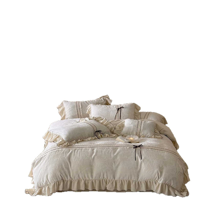 Ruffled Jacquard Cotton Duvet Cover Set with Frilled Bedskirt and Contrast Ribbon Bows
