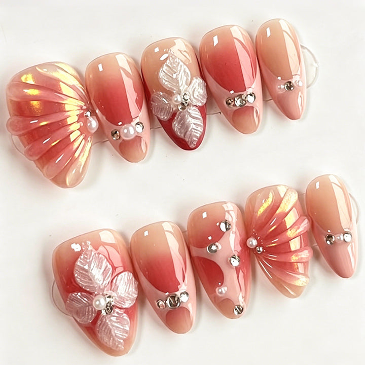 Acrylic Nail Set with Elegant 3D Flower Decorations and Glitter Accents Stornfield