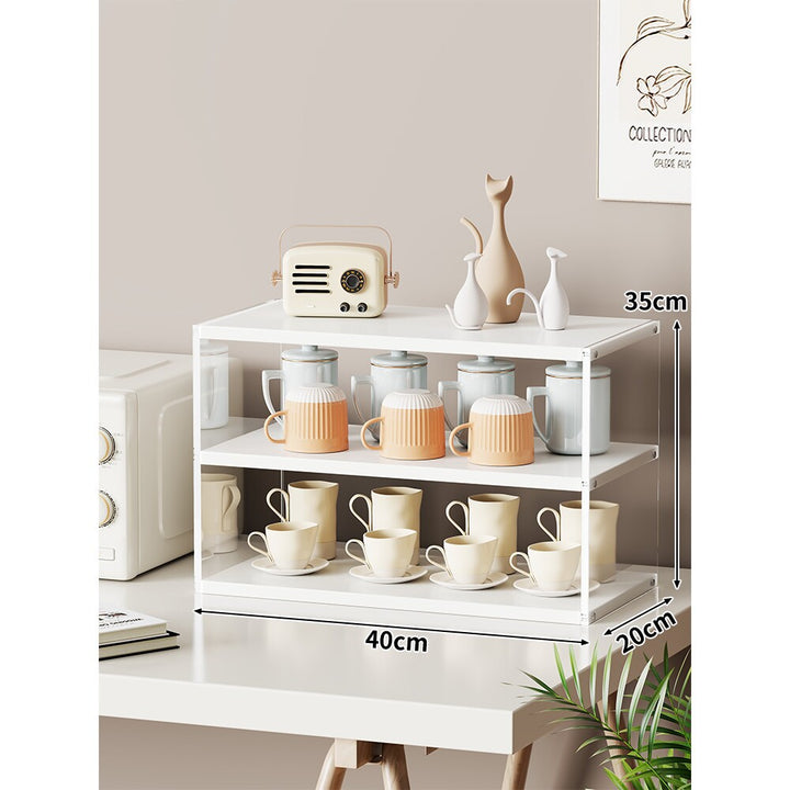 Multi-Level Bamboo-Style Countertop Kitchen Mug and Canister Organizer Shelf with Open Wood Shelves and Slim Metal Frame