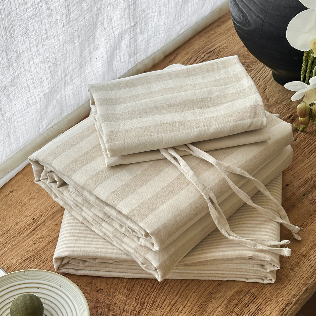Striped Linen-Cotton Duvet Cover Set with Tied Hem