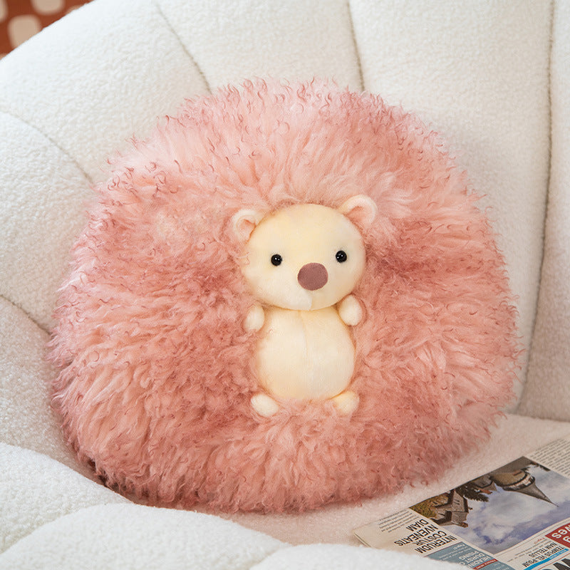 Round Curly Faux-Fur Decorative Cushion with Center Plush Hedgehog Stornfield