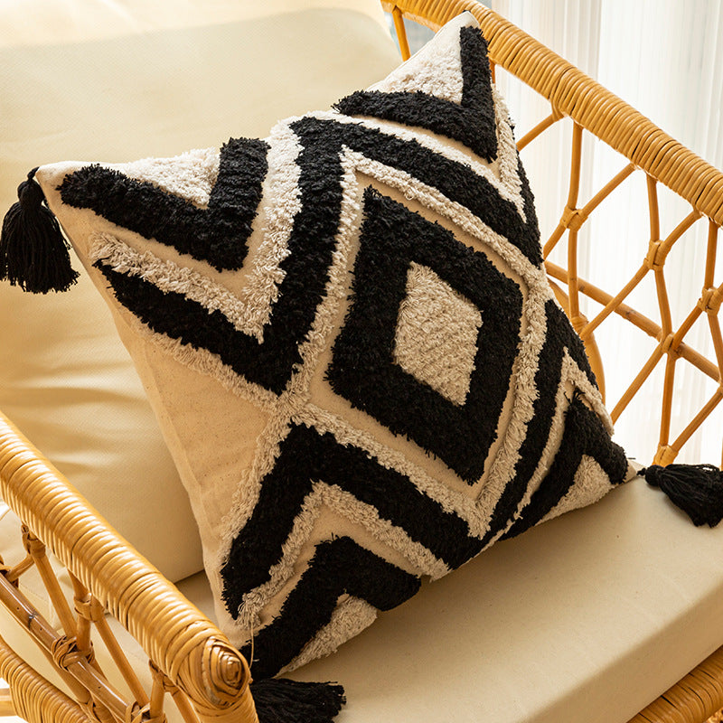 Boho Textured Tufted Diamond Throw Pillow with Tassel Corners and Removable Cover