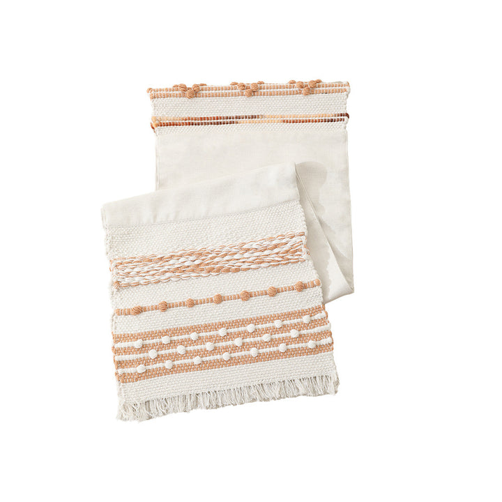 Woven cotton table runner with fringes and textured pattern Stornfield