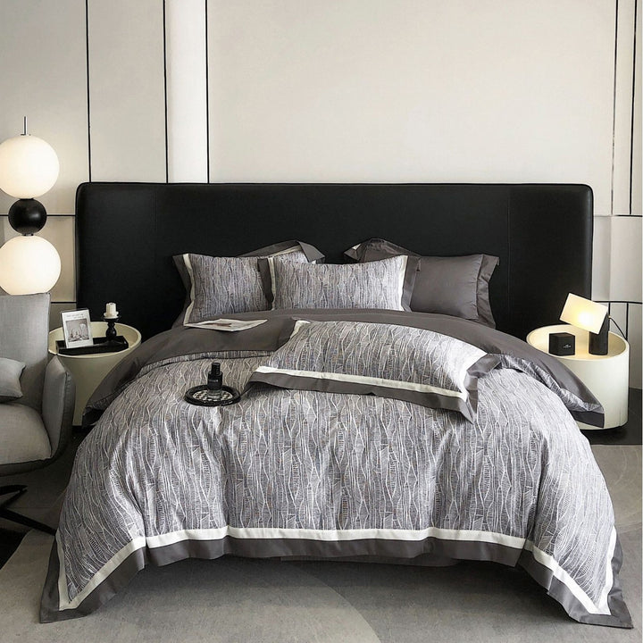Reversible Cotton-Sateen Duvet Cover Set with Botanical Linear Print & Contrast Border