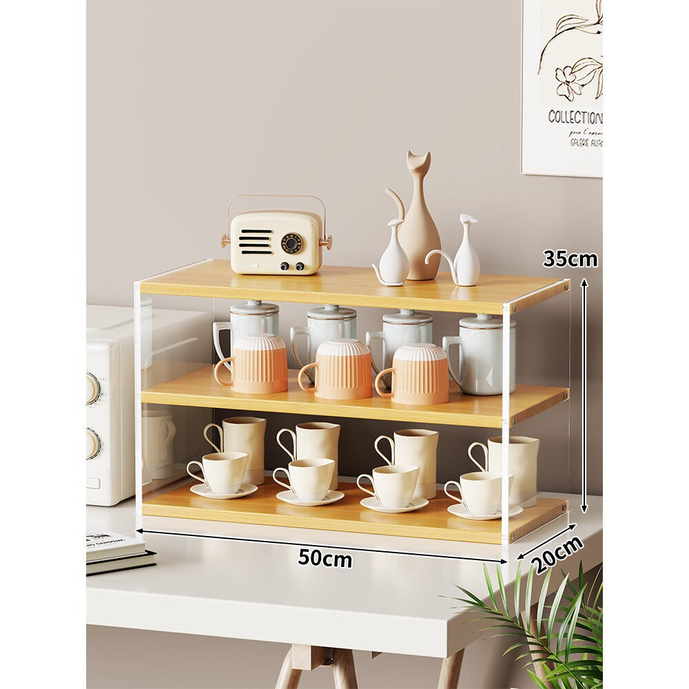 Compact Multi-Level Countertop Cup and Mug Display Shelf with Bamboo Shelves and Transparent Sides