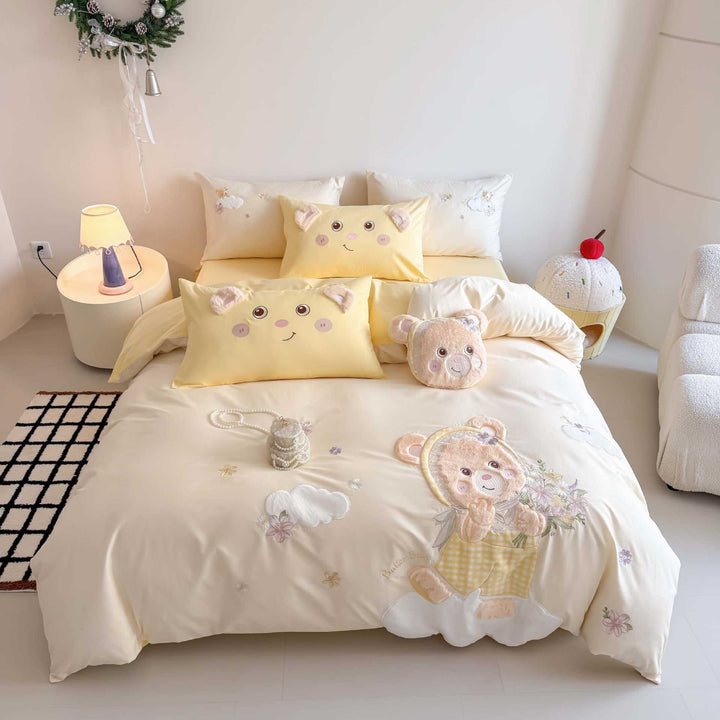 Teddy Appliqué Cotton Sateen Duvet Cover Set with Plush Ear Pillowcases