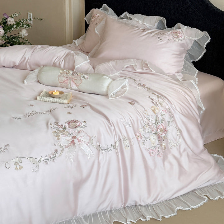 Luxury Floral-Embroidered Satin-Blend Duvet Cover Ensemble with Ruffled Sheer Skirt