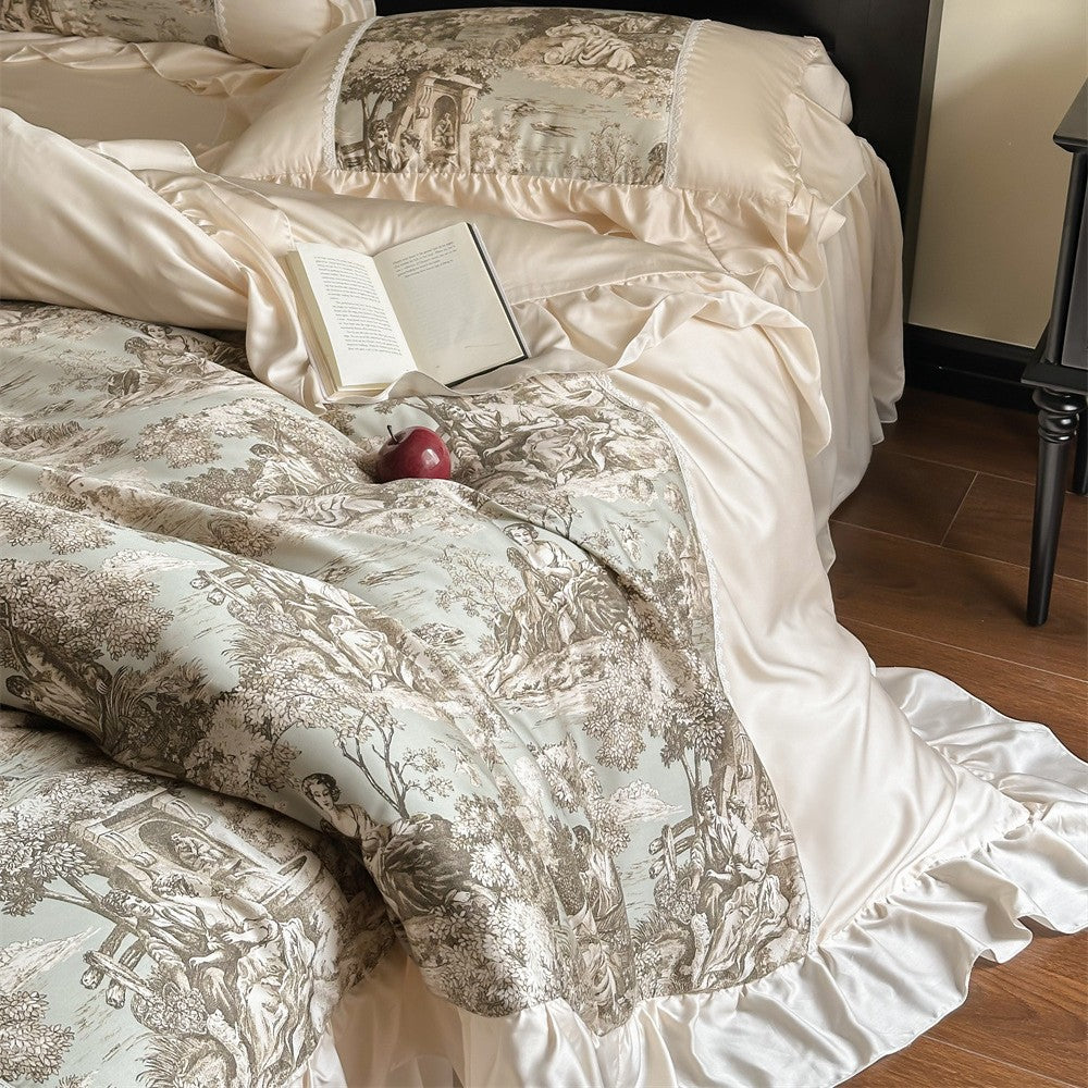 Luxurious satin bedding set with toile motif, ruffle and lace trim