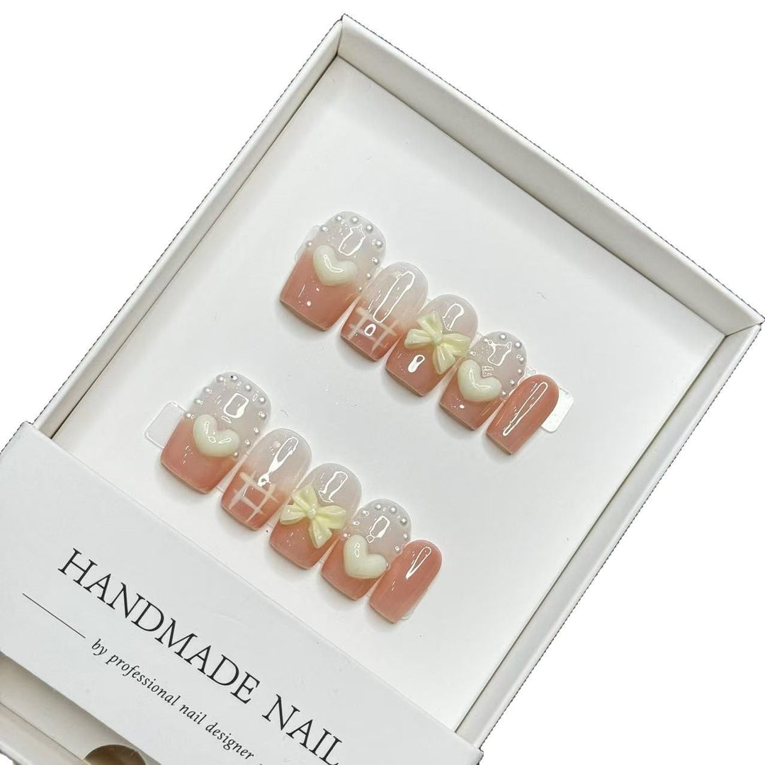 Handmade Decorative Press-On Nail Art Set with Heart and Bow Accents