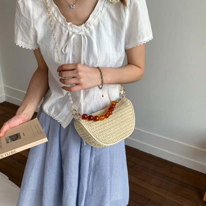 Stylish Woven Handbag with Beaded Handle Stornfield