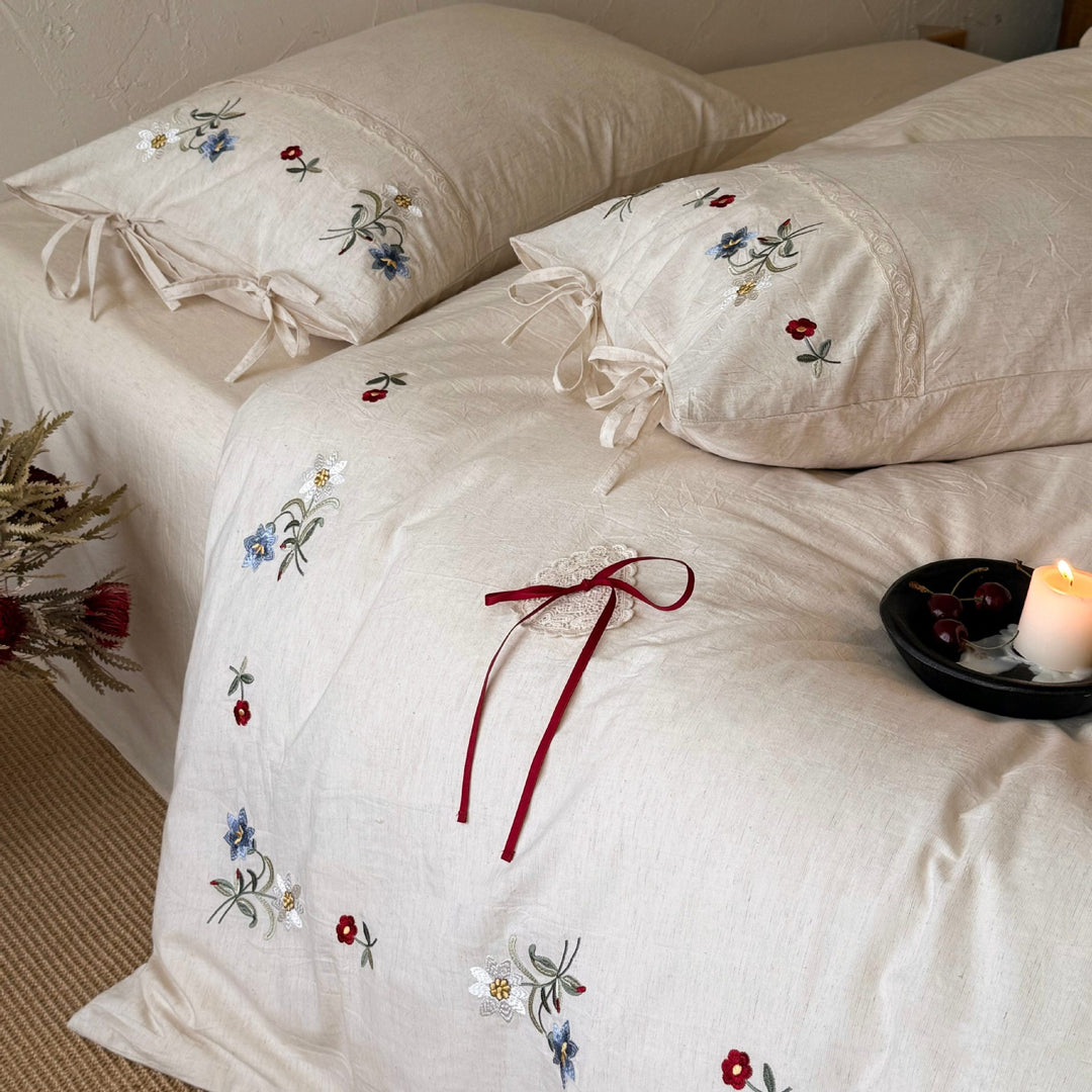 Embroidered Washed-Linen Duvet Cover Set with Lace-Edge and Ribbon-Tie Pillow Shams