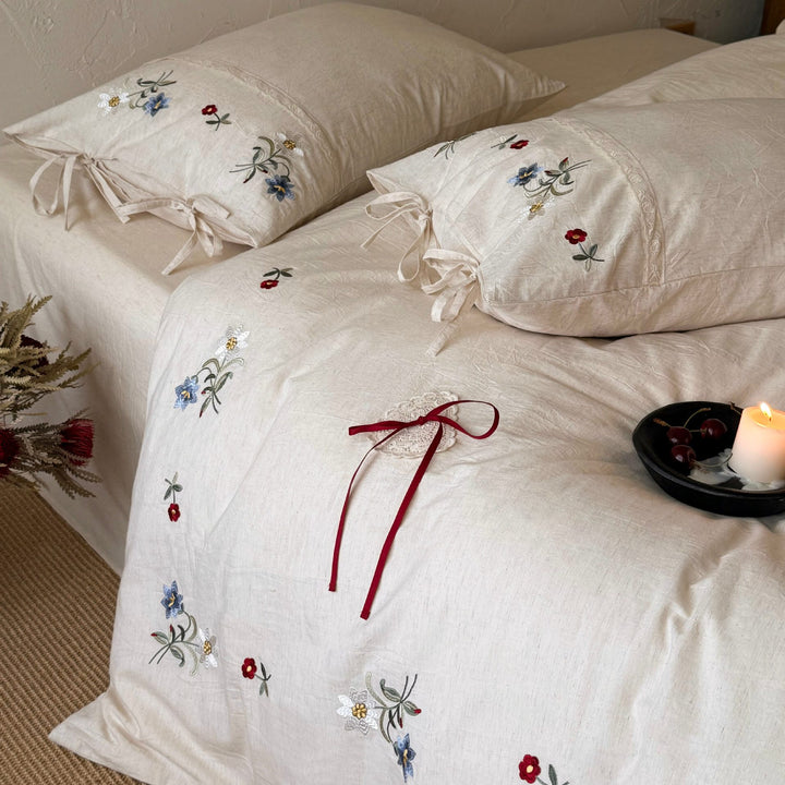 Embroidered Washed-Linen Duvet Cover Set with Lace-Edge and Ribbon-Tie Pillow Shams