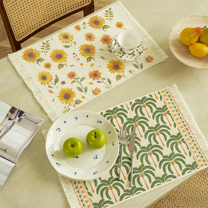 Woven living and beach rug with palm jacquard and decorative fringes Stornfield