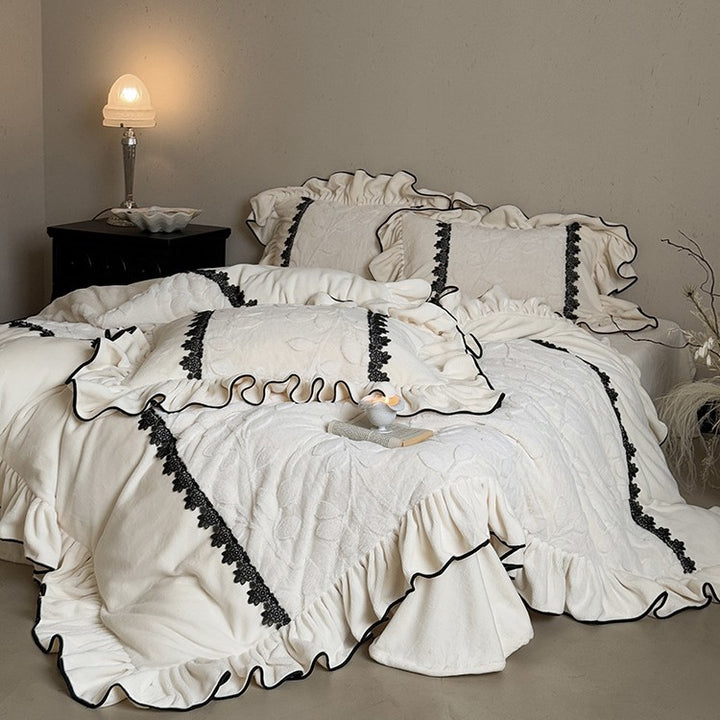 Luxurious Velvety Bedding Set with Ruffle and Floral Lace Border