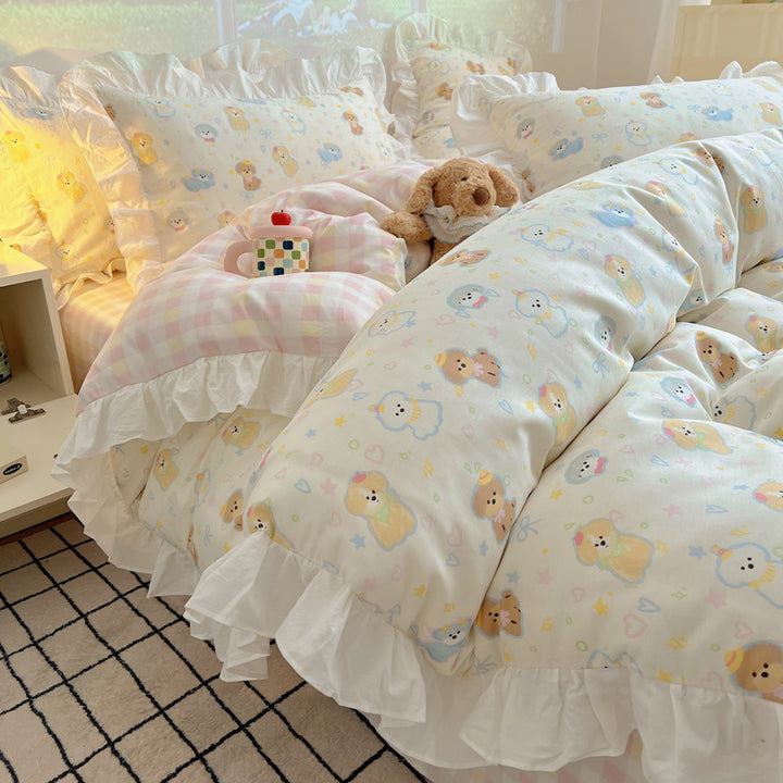 Ruffled Frilled Cotton Cartoon Animal Duvet Cover & Pillow Sham Set